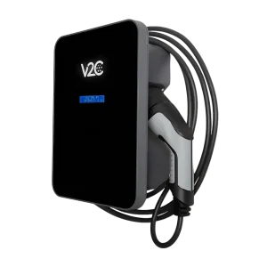 Borne de recharge Zaptec Go 2 Borne de recharge V2C Trydan noire avec câble attaché, vue de trois-quarts, installation certifiée IRVE par Soleivia en région PACA.