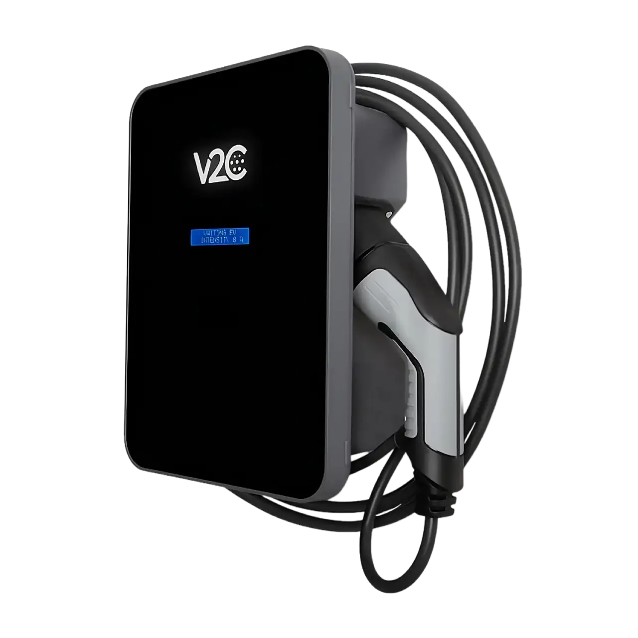 Borne de recharge V2C Trydan Borne de recharge V2C Trydan noire avec câble attaché, vue de trois-quarts, installation certifiée IRVE par Soleivia en région PACA.